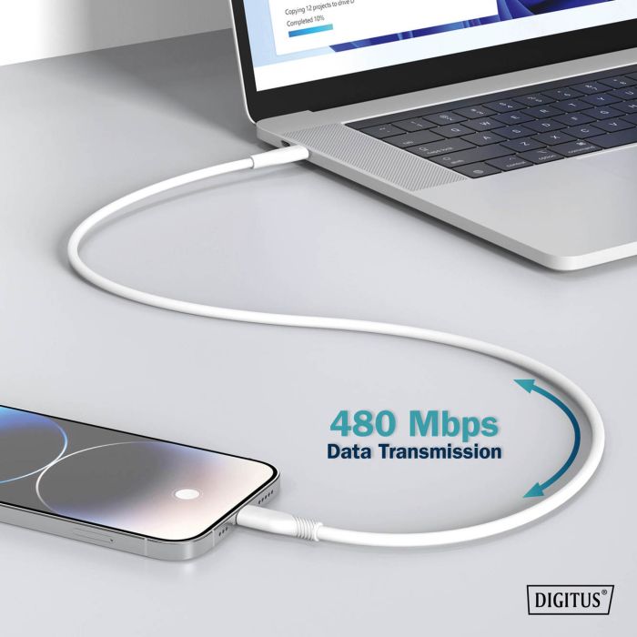 Кабель DIGITUS USB-C > Lightning заряджання/синхронізації, USB 2.0, 60W, силіконовий, 2м, білий