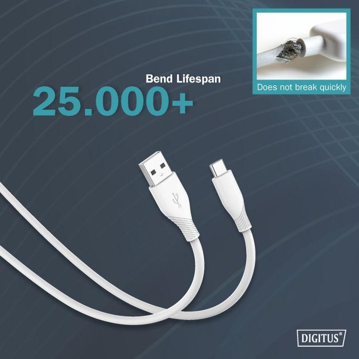 Кабель DIGITUS USB-A > USB-C заряджання/синхронізації, USB 2.0, 60W, силіконовий, 2м, білий