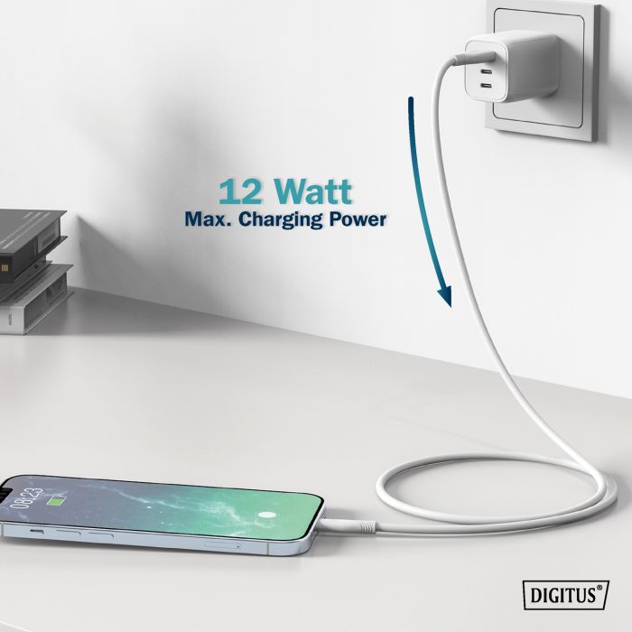 Кабель DIGITUS USB-A > Lightning зарядки/синхронизации, USB 2.0, 12W, силиконовый, 2м, белый
