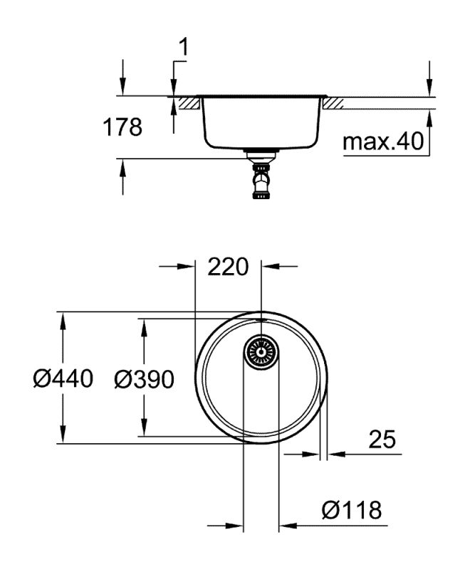 Мийка кухонна Grohe K200, нерж.сталь, кругла, без крила, 440x440x178мм, чаша - 1, врізна, нержавіюча сталь