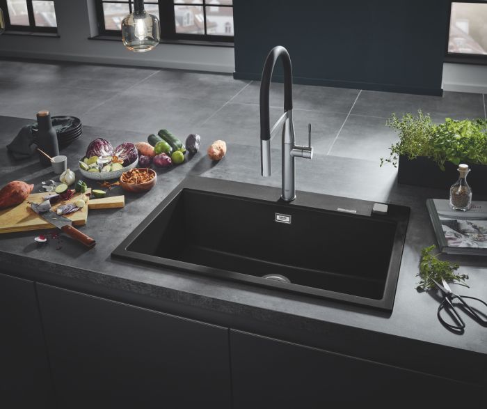 Мийка кухонна Grohe K700, граніт, прямокут., без крила, 780x510x220мм, чаша - 1, врізна, чорний граніт
