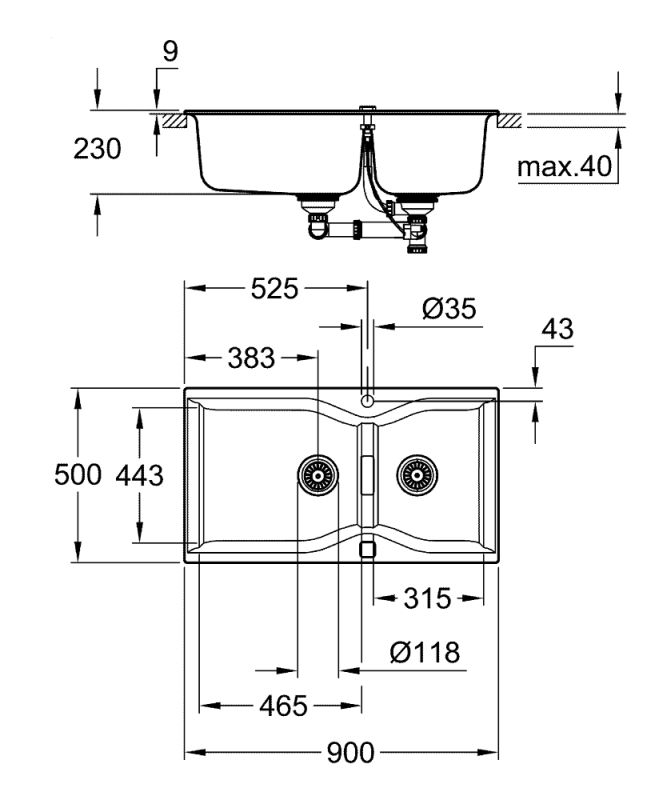 Мойка кухонная Grohe K700, гранит, прямоуг., без крыла, 838x560x241мм, чаша - 2, врезная, серый гранит