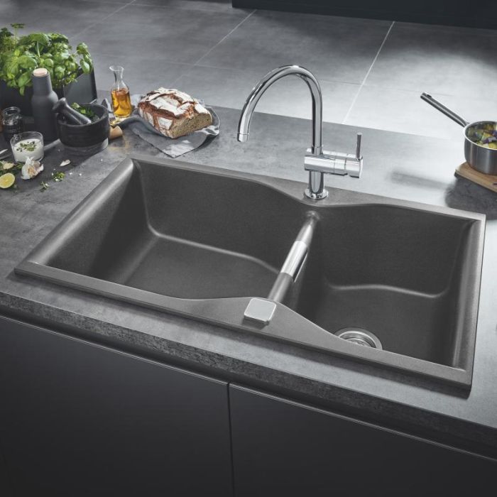 Мойка кухонная Grohe K700, гранит, прямоуг., без крыла, 838x560x241мм, чаша - 2, врезная, серый гранит
