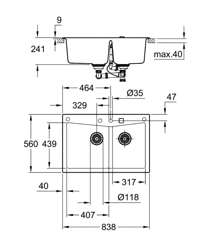 Мойка кухонная Grohe K700, гранит, прямоуг., без крыла, 838x560x241мм, чаша - 2, врезная/под столешницу, черный гранит