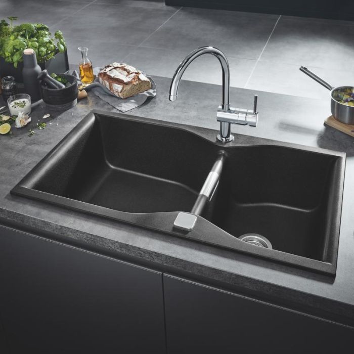 Мойка кухонная Grohe K700, гранит, прямоуг., без крыла, 838x560x241мм, чаша - 2, врезная/под столешницу, черный гранит