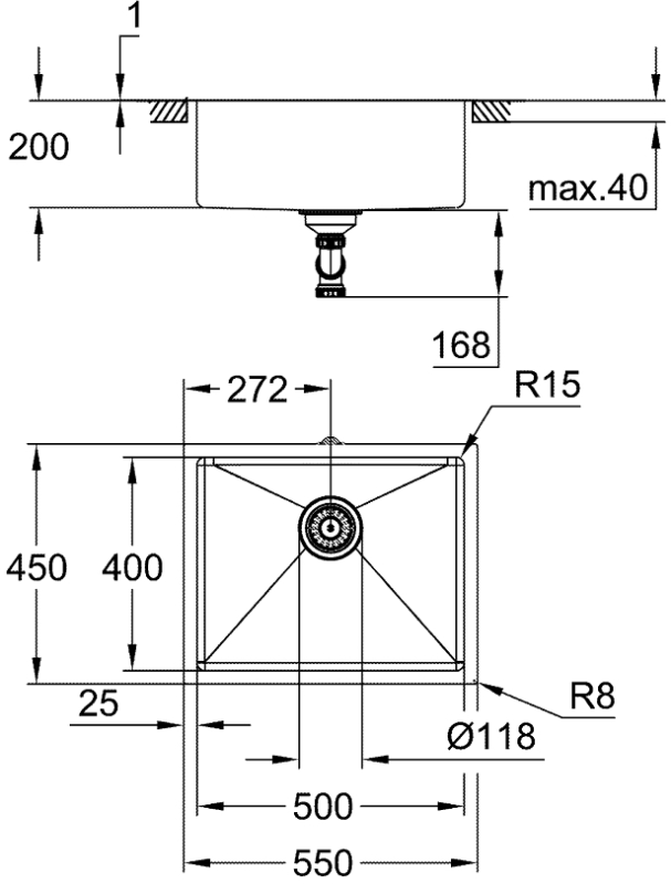 Мийка кухонна Grohe K700U, нерж.сталь, прямокут., без крила, 550x450x200мм, чаша - 1, уніврсальна, нержавіюча сталь