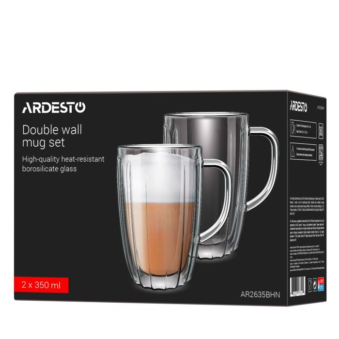 Набор чашек с ручками и двойными стенками Ardesto 350мл, 2шт, боросиликатное стекло, прозрачный