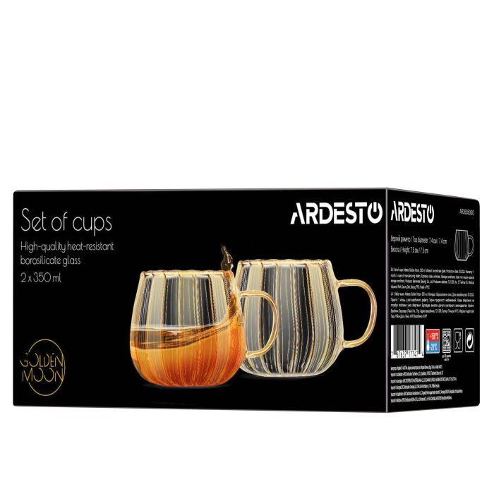 Набор чашек с ручками Ardesto Golden Moon 350мл, 2шт, боросиликатное стекло, прозрачный