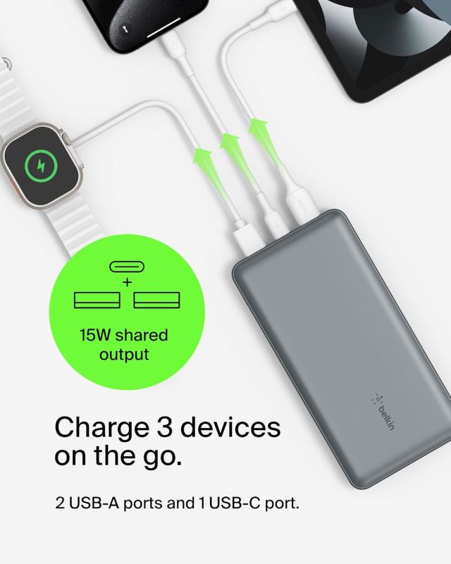 Портативное зарядное устройство Power Bank Belkin 20000мАч, 15Вт, 2хUSB-A/USB-C, серый