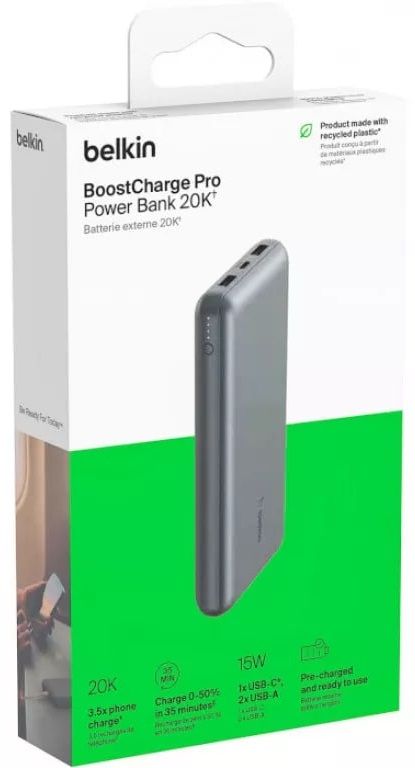 Портативное зарядное устройство Power Bank Belkin 20000мАч, 15Вт, 2хUSB-A/USB-C, серый