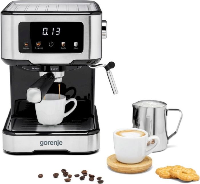 Кофеварка Gorenje рожковая 1.5л, молотый, ручной капучинатор, нерж