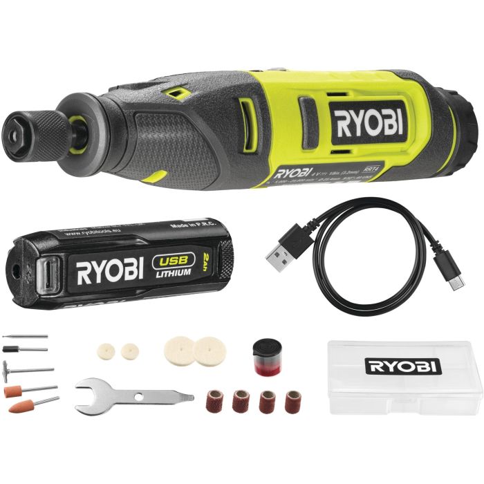 Шлифмашина шлифовально-гравировочная аккумуляторная Ryobi USB Lithium RRT4-120GA15 4В 1х2А·ч 15 аксессуаров 0.23кг