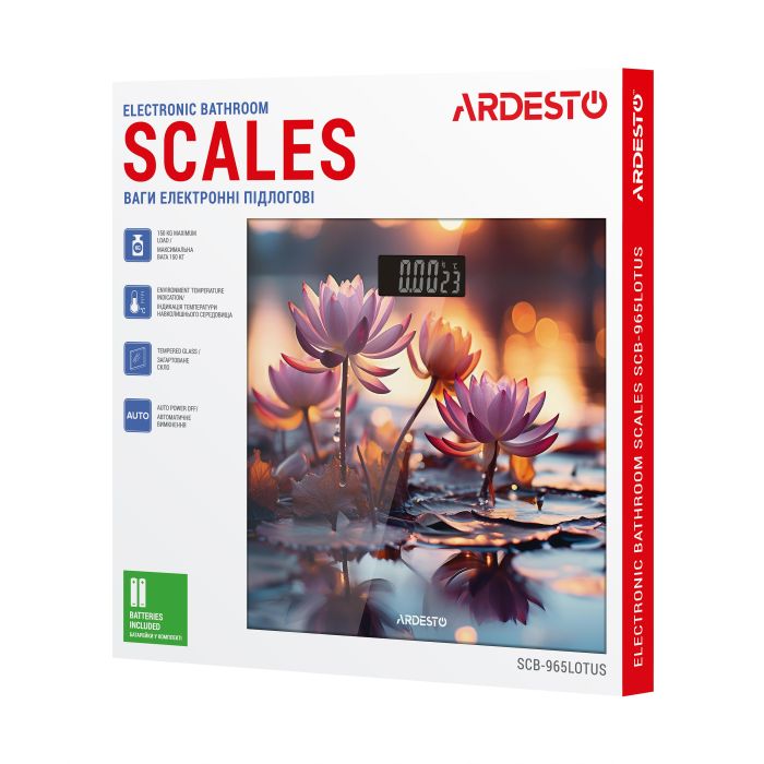 Весы Ardesto напольные LOTUS, 150кг, AAAx2 в компл, стекло, многоцветные