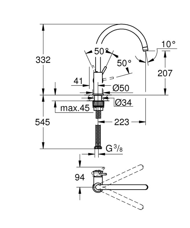 Змішувач для кухні Grohe QuickFix Start Classic, довж.виливу - 223мм, поворотний, 1важіль, хром