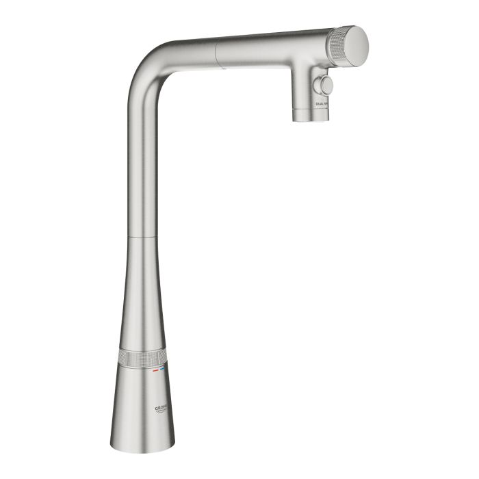 Змішувач для кухні Grohe Scala, довж.виливу - 200мм, поворотний, витяжний, вентиль + кнопка, супер сталь