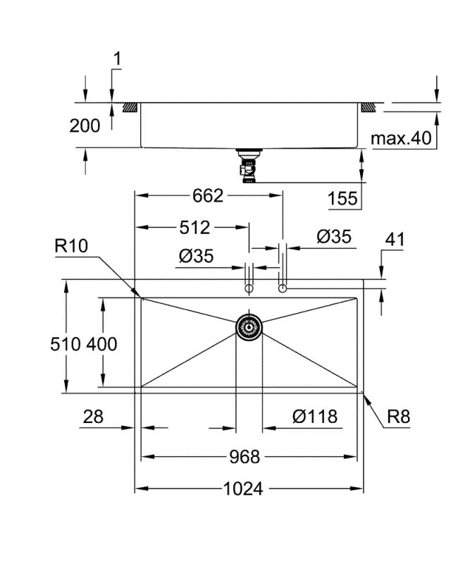 Мийка кухонна Grohe K800, нерж.сталь, прямокут., без крила, 1024x510x200мм, чаша - 1, врізна, нержавіюча сталь
