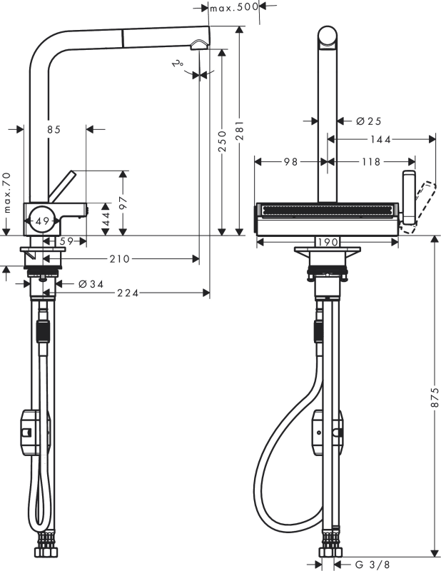 Змішувач для кухні Hansgrohe Aquno Select M81, довж.виливу - 210мм, поворотний, витяжний, 1 важіль, сталь