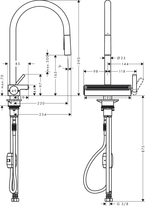 Змішувач для кухні Hansgrohe Aquno Select M81, довж.виливу - 220мм, поворотний, витяжний, 1 важіль, хром
