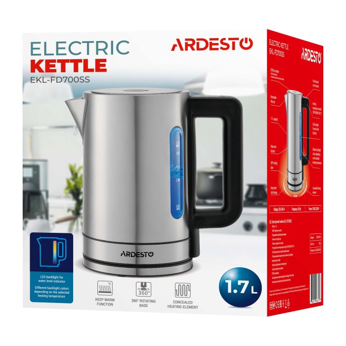 Електрочайник Ardesto Steel Collection 1.7л, Strix, метал, сріблястий