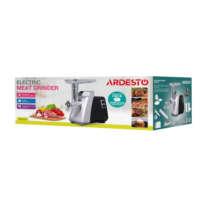Мясорубка ARDESTO, 2100Вт, 2кг/мин, 3 решетки, насадка для колбас, кеббе, томатов, 3 терки, бургер-пресс, пластик, черно-серебристый