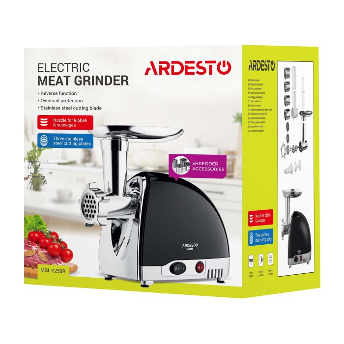 Мясорубка Ardesto, 1800Вт, 2кг/мин, 3 решетки, насадка для колбас, кеббе, 4 терки, пластик, черно-серебристый