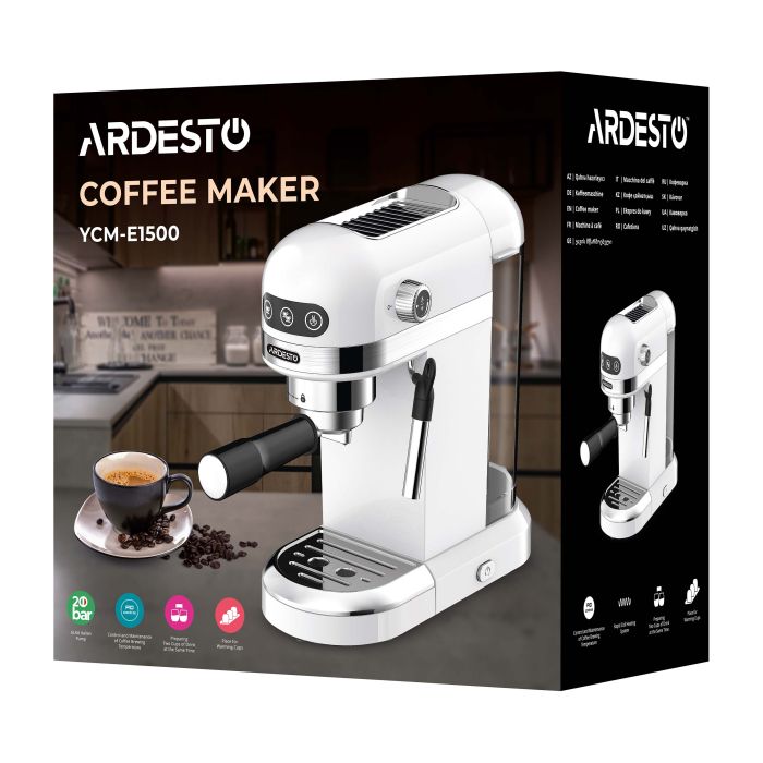Кофеварка Ardesto рожковая 1.4л, молотый, ручной капучинатор, подогрев чашек, белый