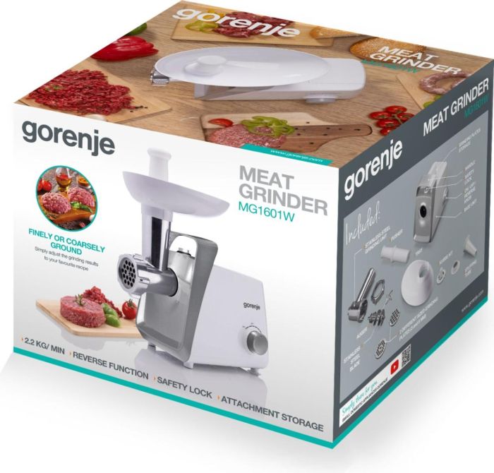 Мясорубка Gorenje, 1600Вт, 2,2кг/мин, 2 решетки, пластик, белый