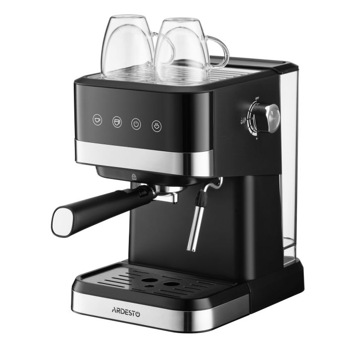 Кофеварка Ardesto рожковая Steel Collection 1.5л, молотый, ручной капучинатор, сенсорное управление, черно-серебристый