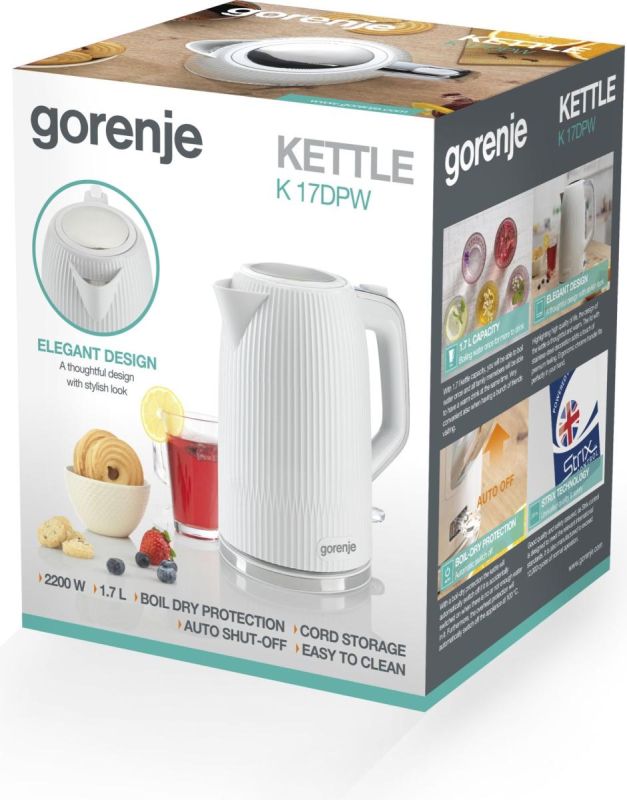 Электрочайник Gorenje 1.7л, Strix-контроль, белый матовый