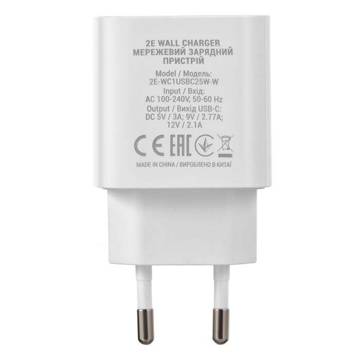 Зарядний пристрій мережевий 2E 25Вт USB-C PD, білий
