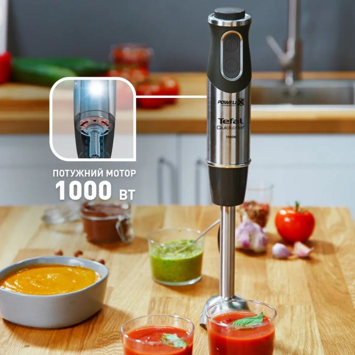 Блендер Tefal заглибний Quickchef 1000Вт, 3в1, чаша-800мл, чопер-500мл, турборежим, сріблясто-чорний