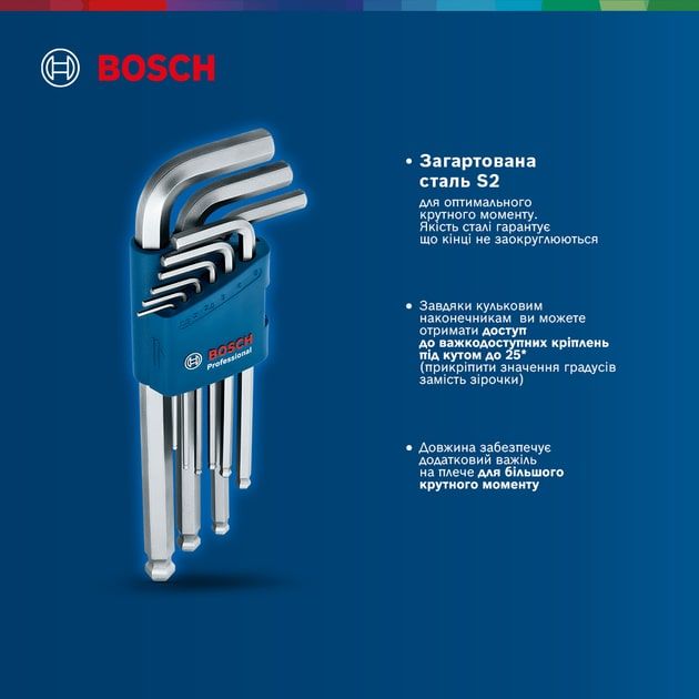 Ключі шестигранні Bosch Professional, кулястий наконечник, набір 9шт