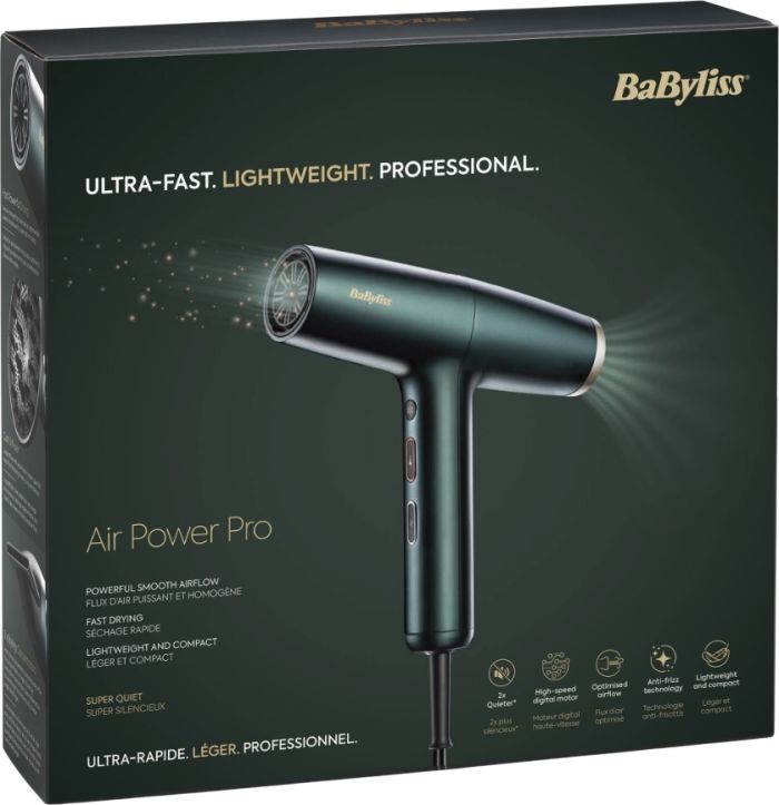 Фен Babyliss Air Power Pro, 1700Вт, 3 режими, дифузор, іоніз-я, хол. обдув, зелений