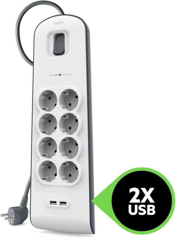 Подовжувач-фільтр мережевий Belkin 8хТип F, 3x1.5мм кв, 16А, 2xUSB-A 2.4A, з захистом від перенапруги, 2м, білий