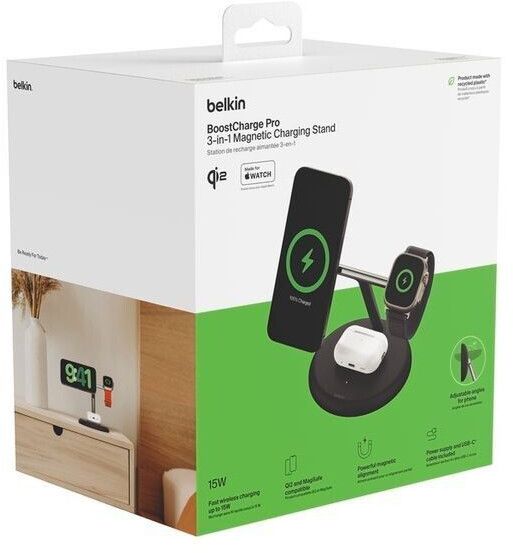 Беспроводное зарядное устройство Belkin 3in1 Magnetic Adjustable Pad Qi2 15Вт, черный