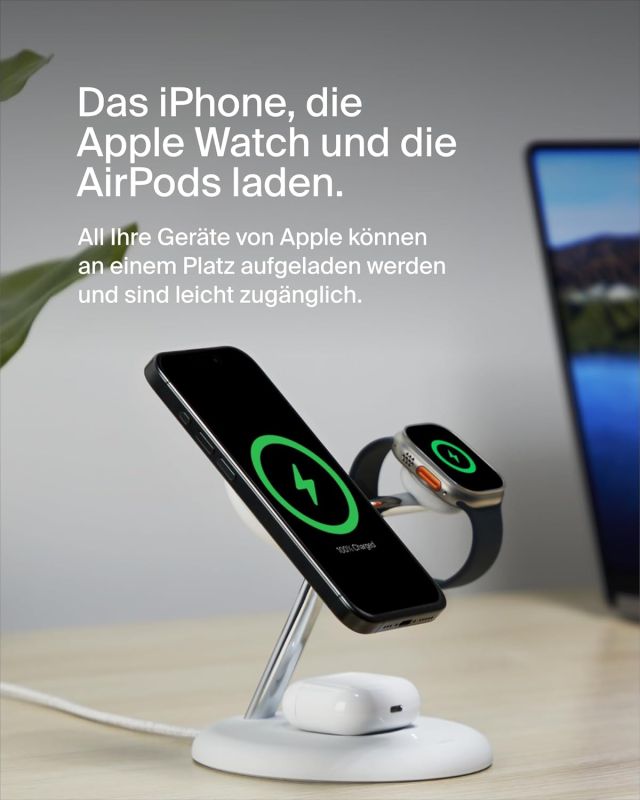 Зарядний пристрій бездротовий Belkin 3в1 Magnetic Adjustable Pad Qi2 15Вт, білий
