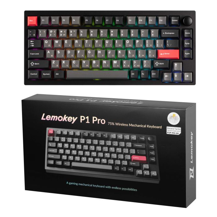 Клавиатура механическая Lemokey  P1 Pro 84Key, Keychron Super Banana, WL/BT/USB-A, QMK/VIA, Hot-Swap, EN/UKR, RGB,  Knob, Carbon Black