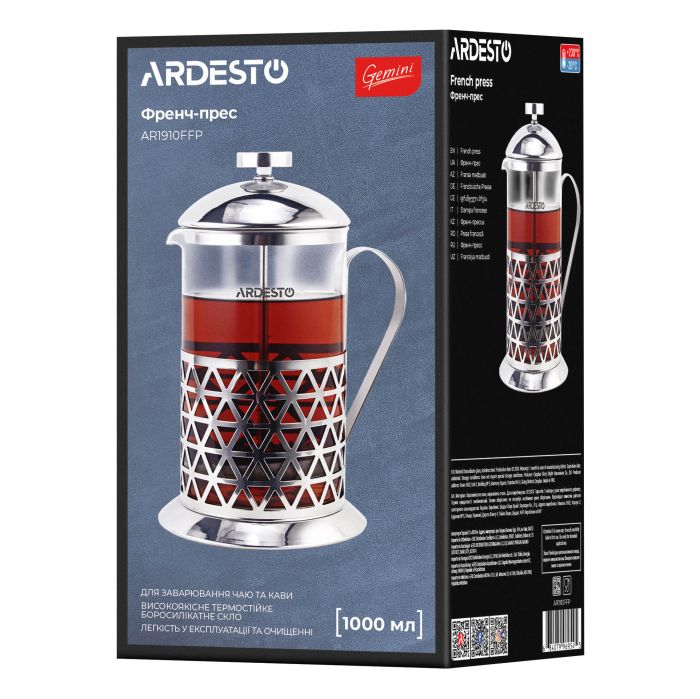 Френч-прес Ardesto Gemini Fasano, 1000мл, боросилікатне скло, нержавіюча сталь, прозорий