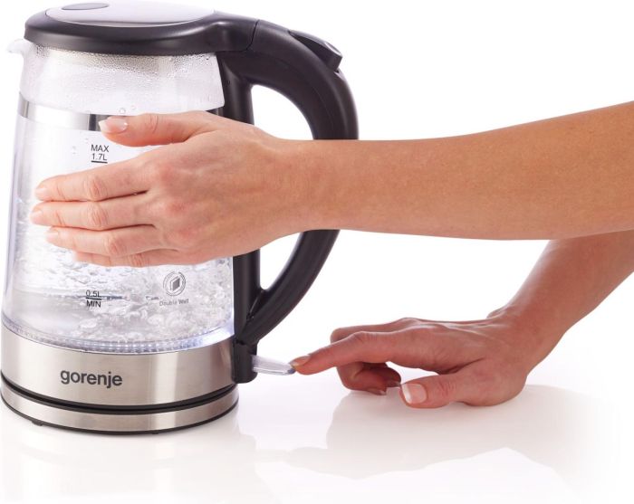 Электрочайник Gorenje 1.7л, 2,200 Вт, strix контроль, стекло, черный