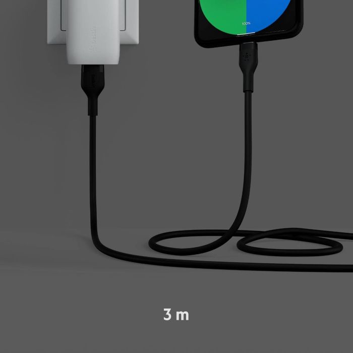 Кабель USB-A > USB-C заряджання/синхронізації Belkin 3м, 15Вт, Type-C, силіконовий з кліпсою, чорний
