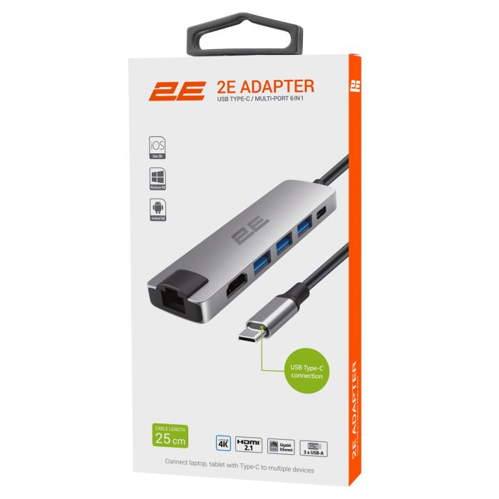 Хаб 2E USB-С > 2хUSB-A 2.0/USB-A 3.0/USB-C PD/HDMI/Ethernet, 0.15м, серый