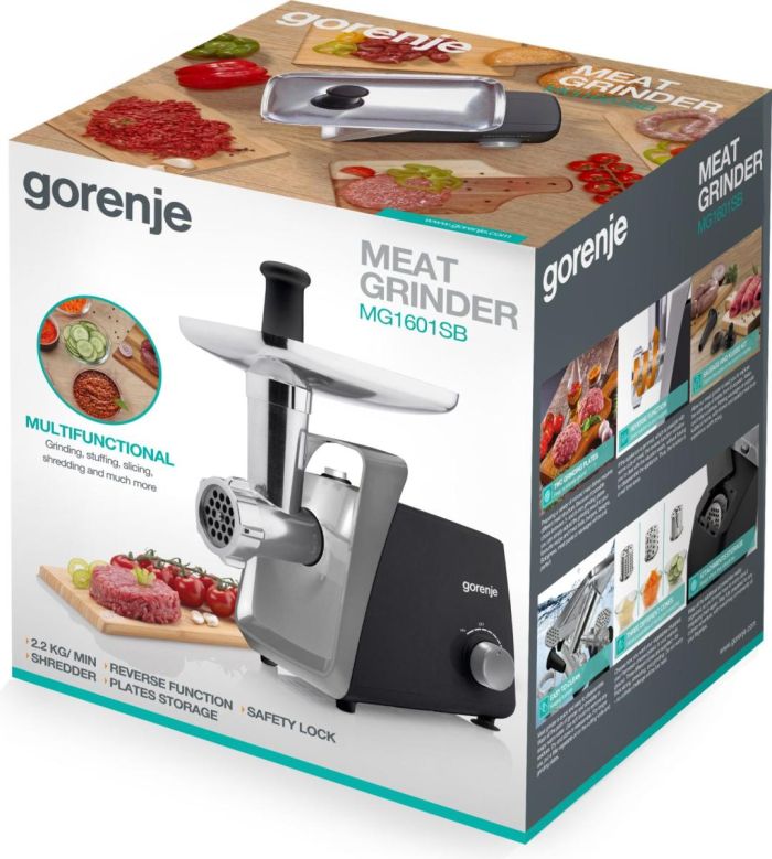 М'ясорубка Gorenje, 1600Вт, 2,2кг/хв, 2 решітки, пластик+метал, чорний