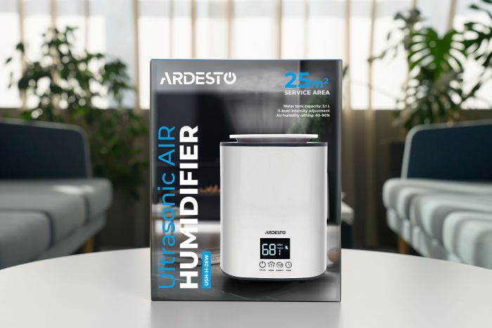 Зволожувач повітря ARDESTO ультразвуковий, 25м2, 3.1л, 250мл/г, електр. кер-ння, верх. залив води, дисплей, білий