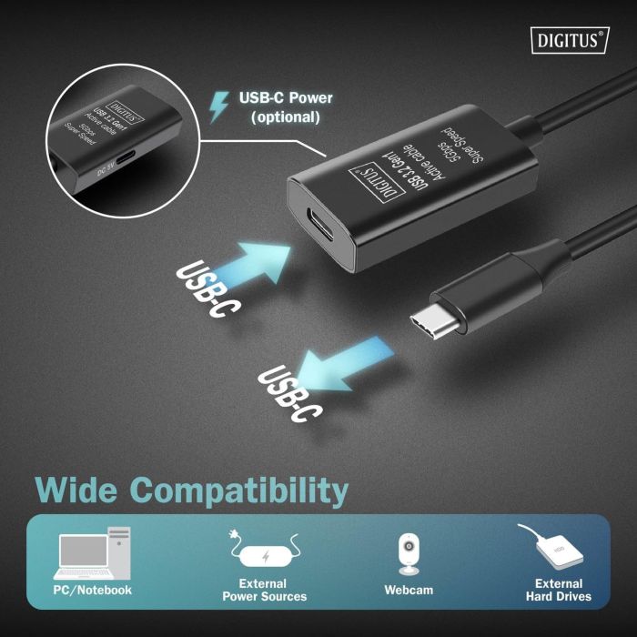 Удлинитель DIGITUS USB 3.2 Gen1 Active Cable 5G, C/M-C/F, 10м, черный