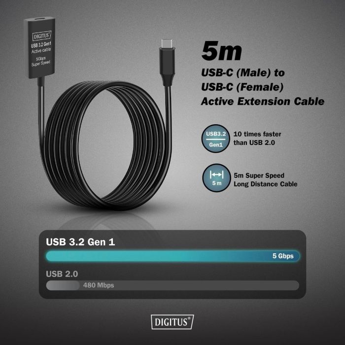 Удлинитель DIGITUS USB 3.2 Gen1 Active Cable 5G, C/M-C/F, 10м, черный