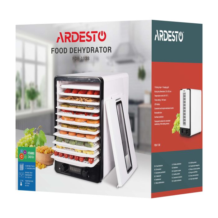 Сушарка для продуктів Ardesto 550Вт, піддонів - 10+1x3см, макс - 70°С, сітка для ягід, пластик, білий