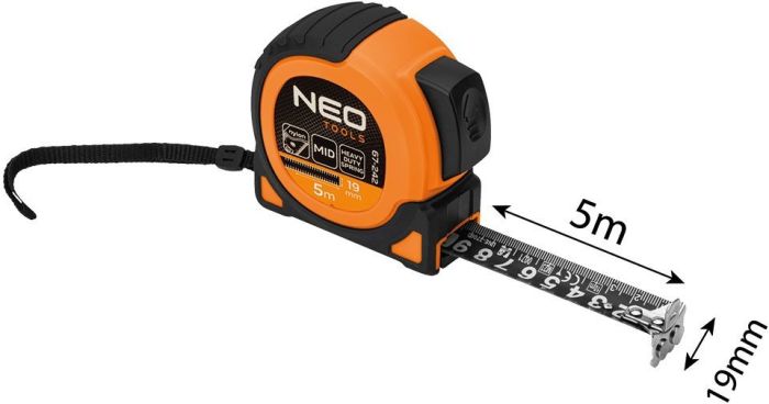 Рулетка Neo Tools Super Black, 5мx19мм, с фиксатором сматывания, магнит