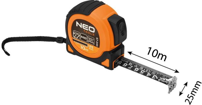 Рулетка Neo Tools Super Black, 10мx25мм, с фиксатором сматывания, магнит