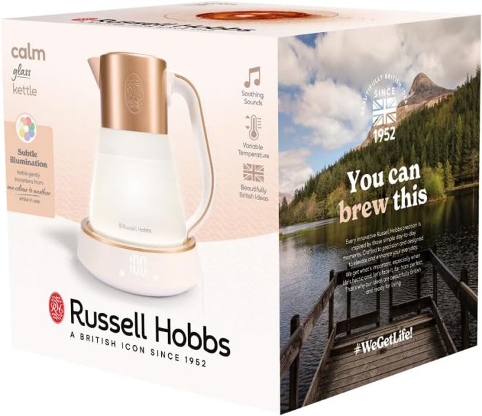 Электрочайник Russell Hobbs Calm, 1.7л, стекло, музыка, подсветка, сенсор, бело-медный