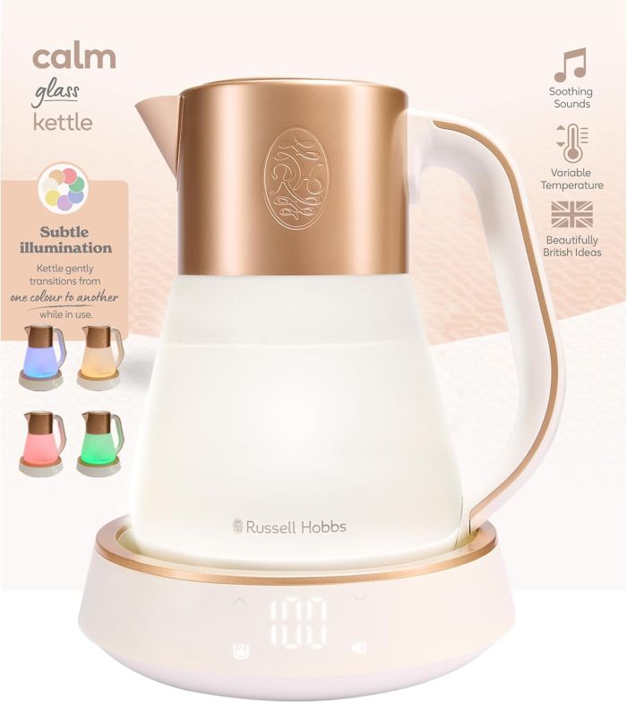 Электрочайник Russell Hobbs Calm, 1.7л, стекло, музыка, подсветка, сенсор, бело-медный